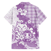 Purple Palaka Hawaiian And Japanese Family Matching Short Sleeve Bodycon Dress and Hawaiian Shirt Maneki Neko And Sakura Bloom