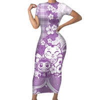 Purple Palaka Hawaiian And Japanese Family Matching Short Sleeve Bodycon Dress and Hawaiian Shirt Maneki Neko And Sakura Bloom
