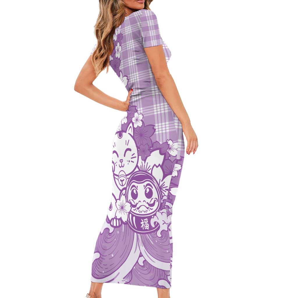 Purple Palaka Hawaiian And Japanese Family Matching Short Sleeve Bodycon Dress and Hawaiian Shirt Maneki Neko And Sakura Bloom