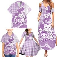 Purple Palaka Hawaiian And Japanese Family Matching Summer Maxi Dress and Hawaiian Shirt Maneki Neko And Sakura Bloom