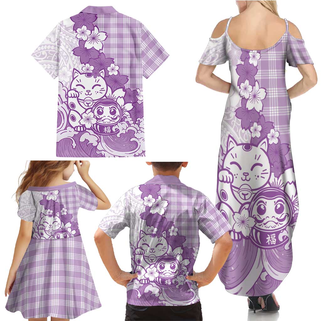 Purple Palaka Hawaiian And Japanese Family Matching Summer Maxi Dress and Hawaiian Shirt Maneki Neko And Sakura Bloom