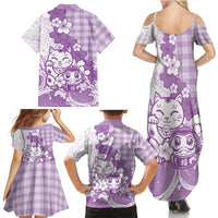 Purple Palaka Hawaiian And Japanese Family Matching Summer Maxi Dress and Hawaiian Shirt Maneki Neko And Sakura Bloom