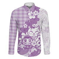 Purple Palaka Hawaiian And Japanese Family Matching Summer Maxi Dress and Hawaiian Shirt Maneki Neko And Sakura Bloom