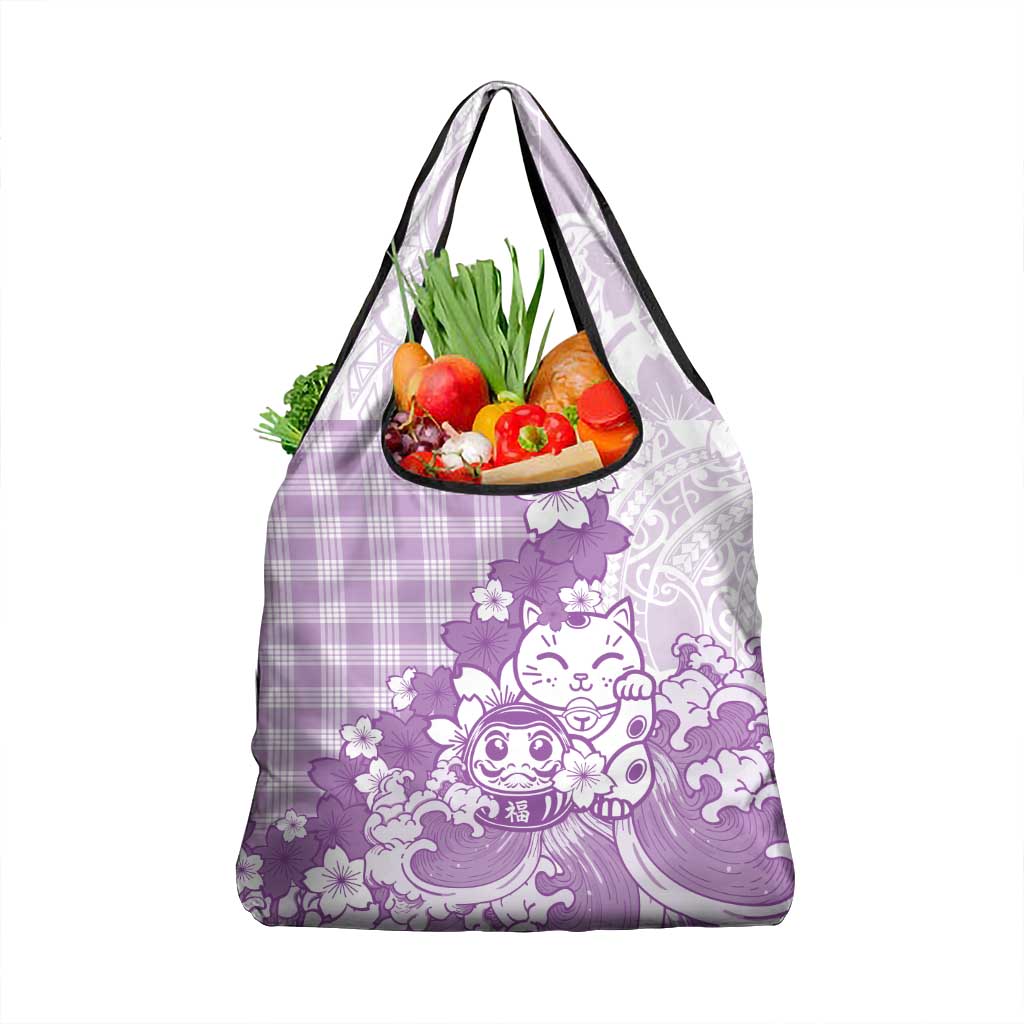 Purple Palaka Hawaiian And Japanese Grocery Bag Maneki Neko And Sakura Bloom