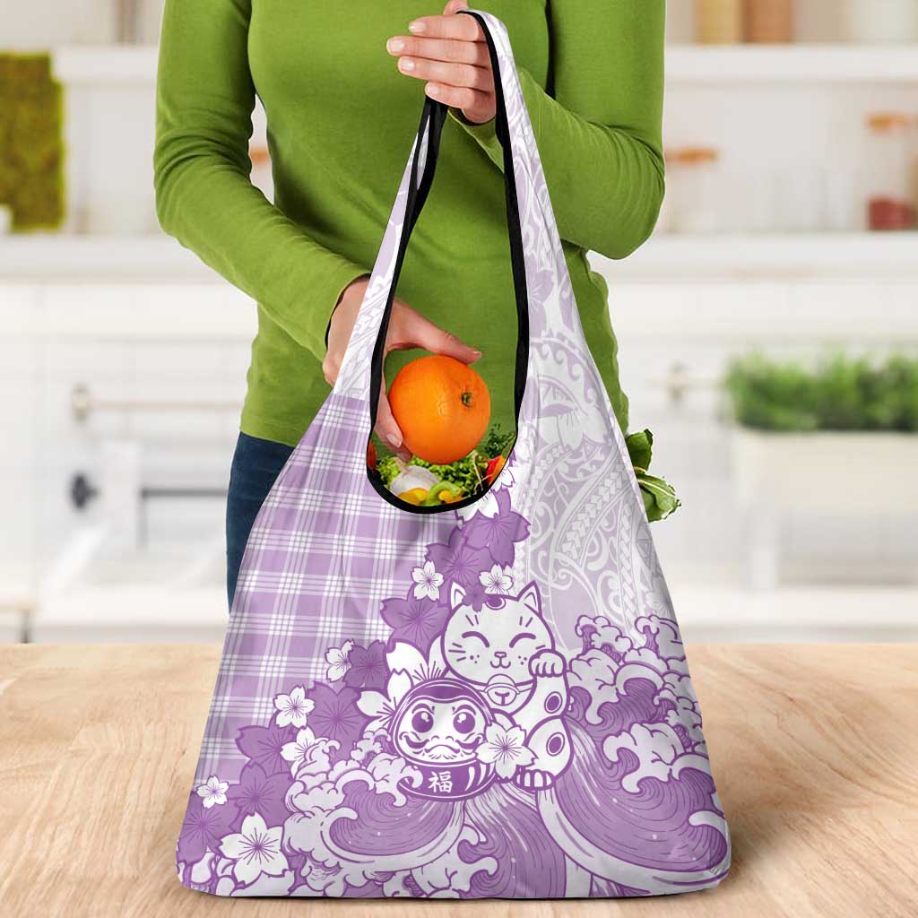 Purple Palaka Hawaiian And Japanese Grocery Bag Maneki Neko And Sakura Bloom