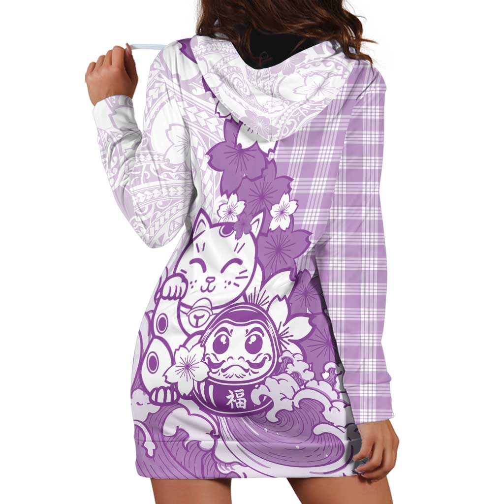 Purple Palaka Hawaiian And Japanese Hoodie Dress Maneki Neko And Sakura Bloom