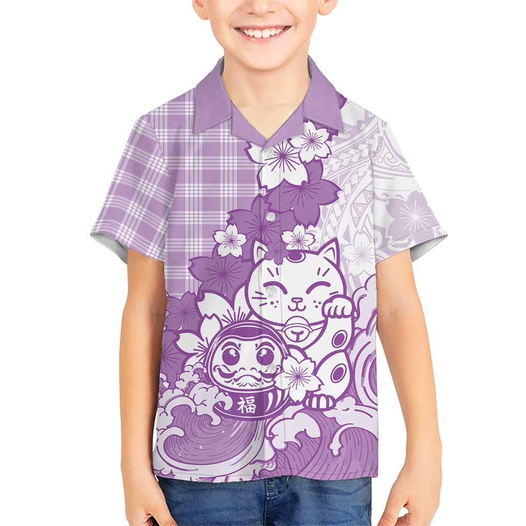 Purple Palaka Hawaiian And Japanese Kid Hawaiian Shirt Maneki Neko And Sakura Bloom