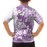 Purple Palaka Hawaiian And Japanese Kid Hawaiian Shirt Maneki Neko And Sakura Bloom