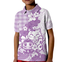 Purple Palaka Hawaiian And Japanese Kid Polo Shirt Maneki Neko And Sakura Bloom