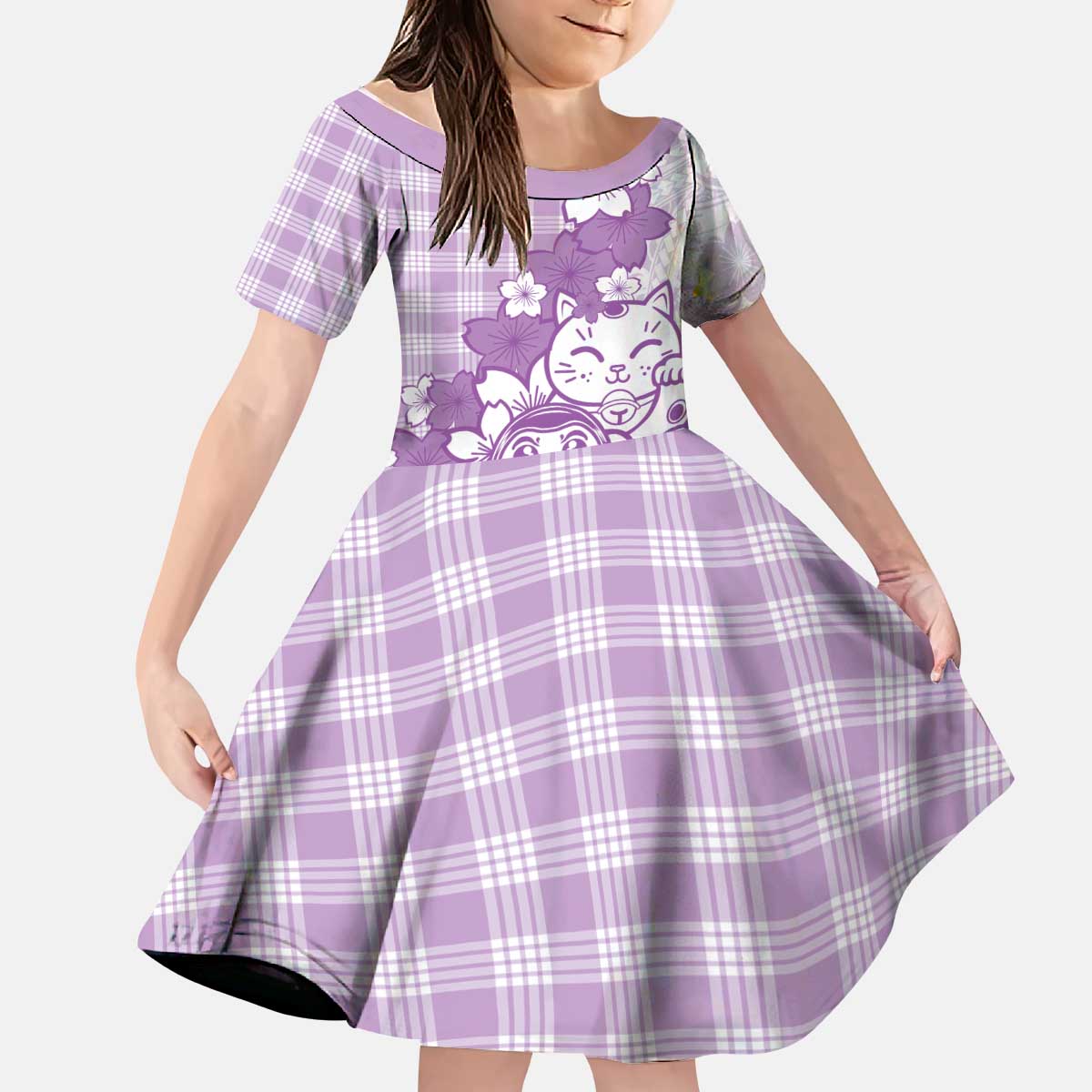 Purple Palaka Hawaiian And Japanese Kid Short Sleeve Dress Maneki Neko And Sakura Bloom DT05 KID Purple - Polynesian Pride