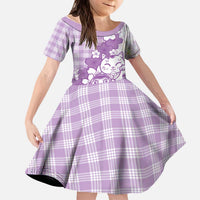 Purple Palaka Hawaiian And Japanese Kid Short Sleeve Dress Maneki Neko And Sakura Bloom DT05 KID Purple - Polynesian Pride