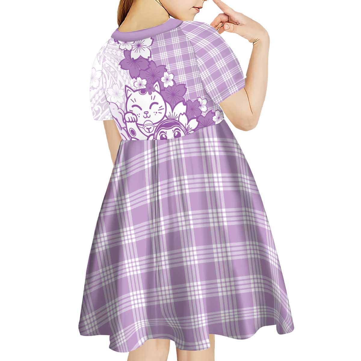 Purple Palaka Hawaiian And Japanese Kid Short Sleeve Dress Maneki Neko And Sakura Bloom DT05 - Polynesian Pride