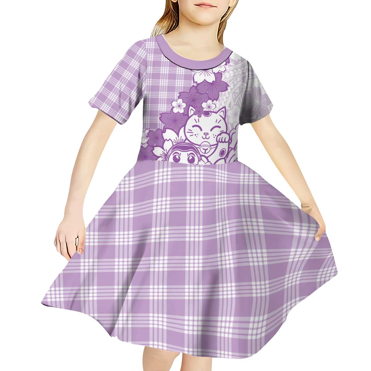 Purple Palaka Hawaiian And Japanese Kid Short Sleeve Dress Maneki Neko And Sakura Bloom DT05 - Polynesian Pride