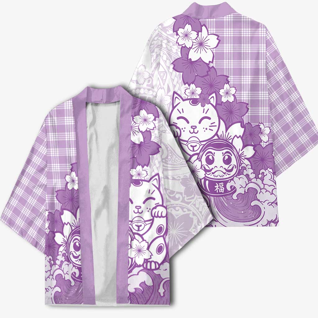 Purple Palaka Hawaiian And Japanese Kimono Maneki Neko And Sakura Bloom DT05 - Polynesian Pride
