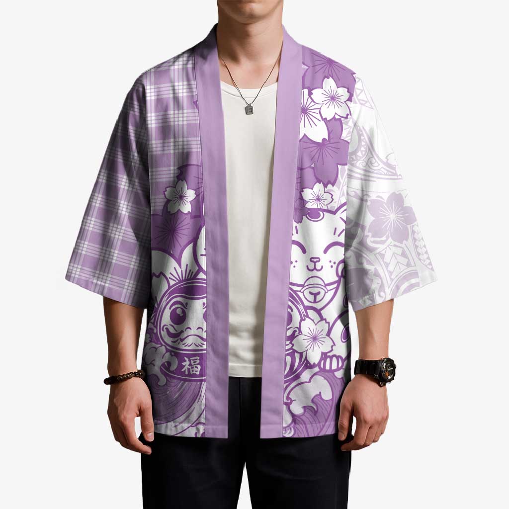 Purple Palaka Hawaiian And Japanese Kimono Maneki Neko And Sakura Bloom DT05 - Polynesian Pride