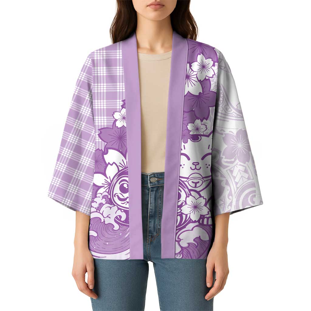 Purple Palaka Hawaiian And Japanese Kimono Maneki Neko And Sakura Bloom DT05 - Polynesian Pride