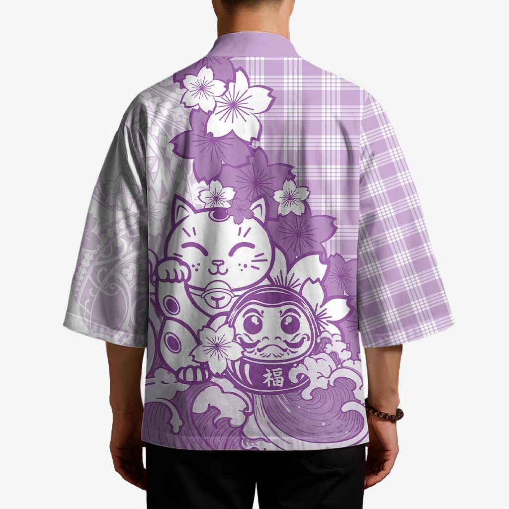 Purple Palaka Hawaiian And Japanese Kimono Maneki Neko And Sakura Bloom DT05 - Polynesian Pride