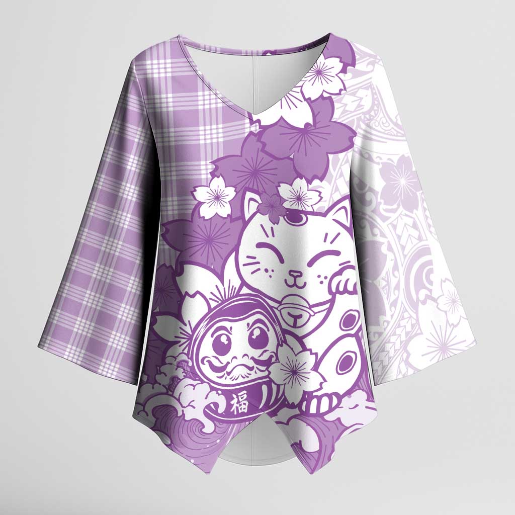 Purple Palaka Hawaiian And Japanese Kimono Sleeve Blouse Maneki Neko And Sakura Bloom