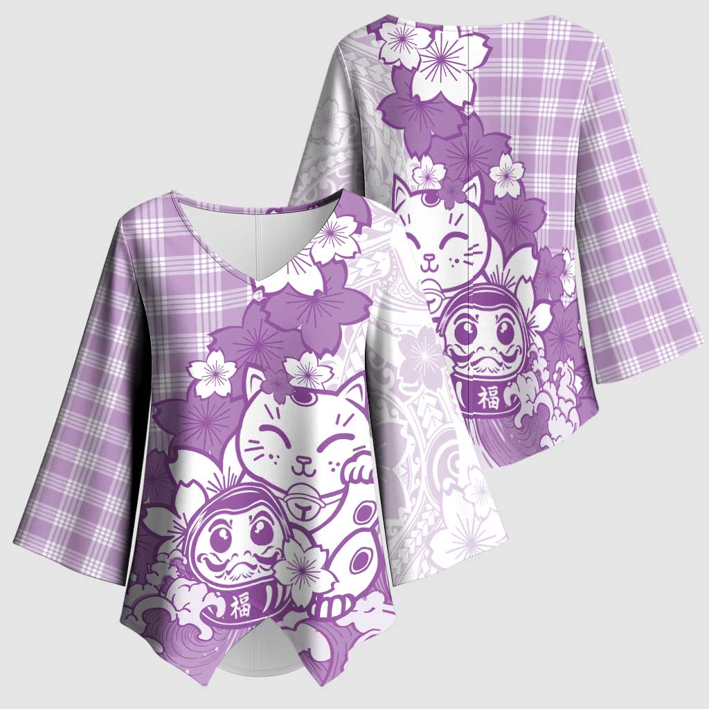 Purple Palaka Hawaiian And Japanese Kimono Sleeve Blouse Maneki Neko And Sakura Bloom