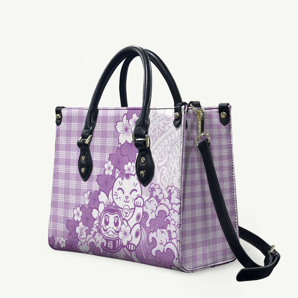 Purple Palaka Hawaiian And Japanese Leather Bag Maneki Neko And Sakura Bloom DT05 Purple - Polynesian Pride