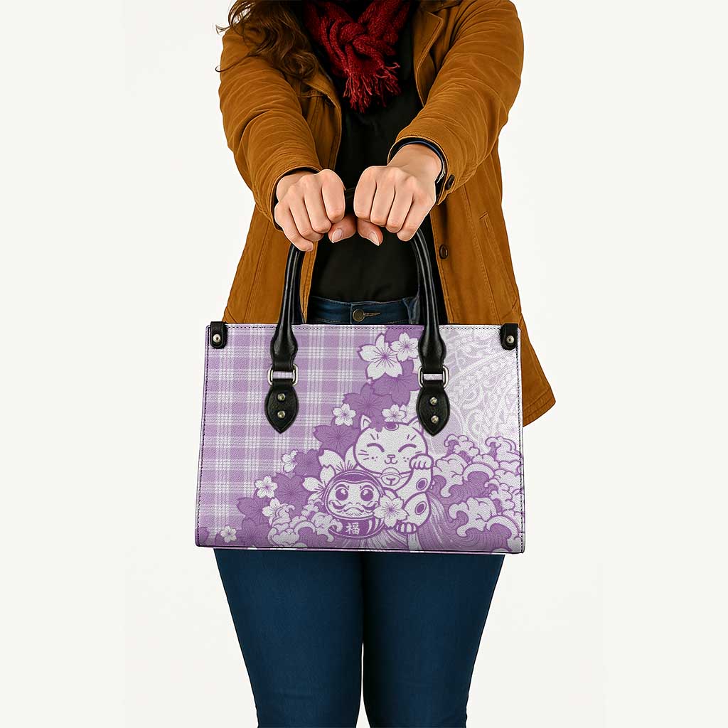 Purple Palaka Hawaiian And Japanese Leather Bag Maneki Neko And Sakura Bloom DT05 - Polynesian Pride