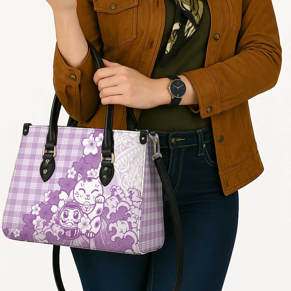 Purple Palaka Hawaiian And Japanese Leather Bag Maneki Neko And Sakura Bloom DT05 - Polynesian Pride