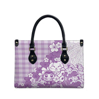 Purple Palaka Hawaiian And Japanese Leather Bag Maneki Neko And Sakura Bloom DT05 - Polynesian Pride