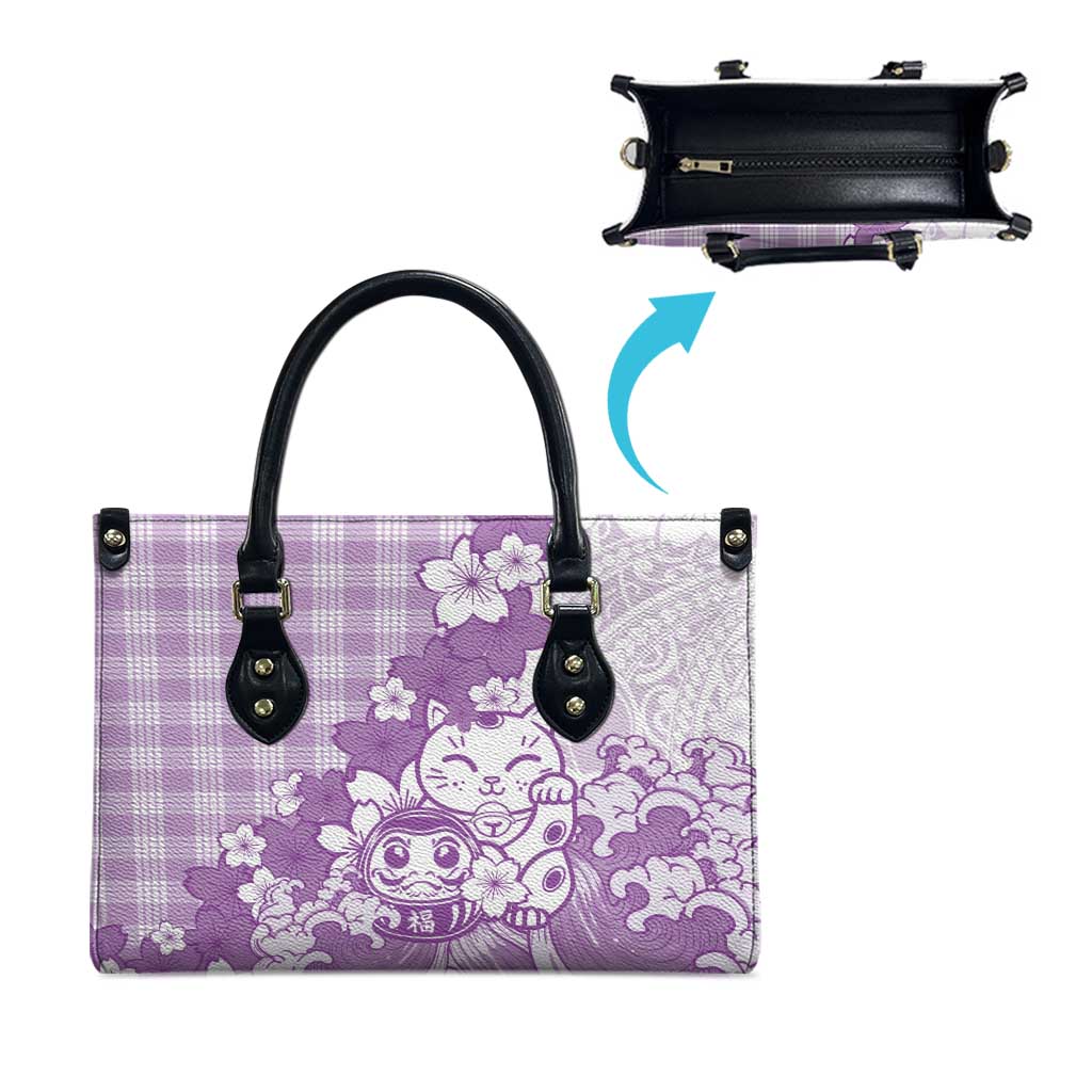 Purple Palaka Hawaiian And Japanese Leather Bag Maneki Neko And Sakura Bloom DT05 - Polynesian Pride