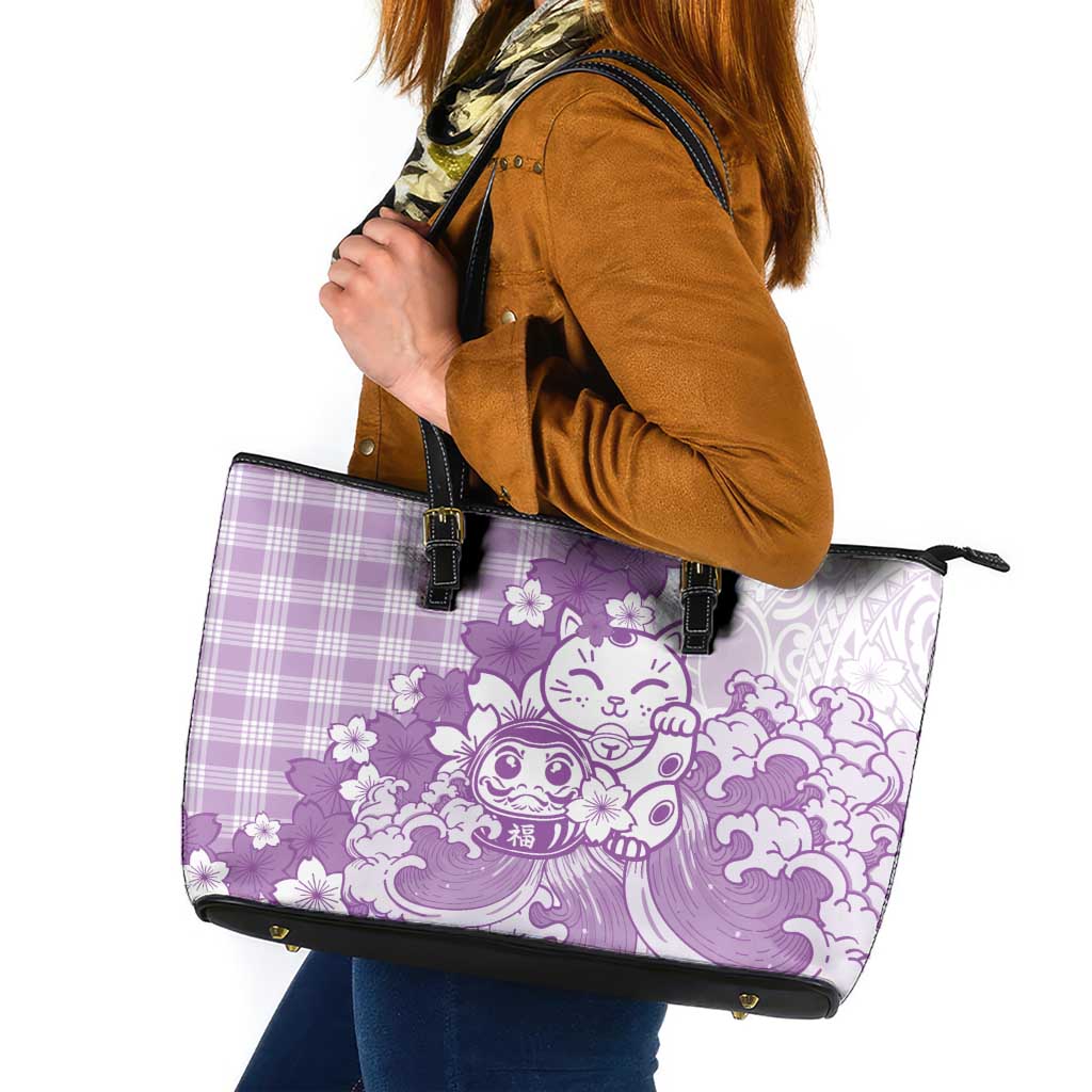Purple Palaka Hawaiian And Japanese Leather Tote Bag Maneki Neko And Sakura Bloom