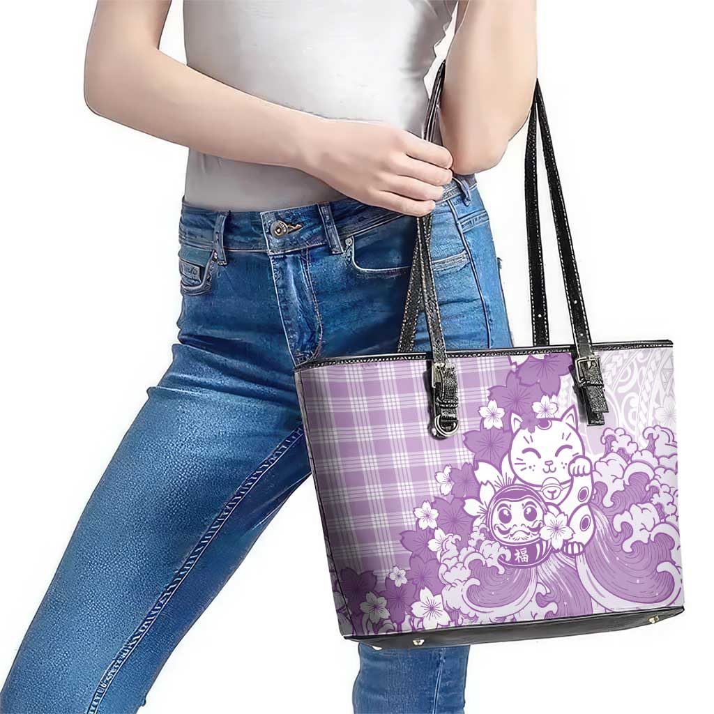 Purple Palaka Hawaiian And Japanese Leather Tote Bag Maneki Neko And Sakura Bloom
