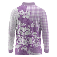 Purple Palaka Hawaiian And Japanese Long Sleeve Polo Shirt Maneki Neko And Sakura Bloom