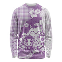 Purple Palaka Hawaiian And Japanese Long Sleeve Shirt Maneki Neko And Sakura Bloom