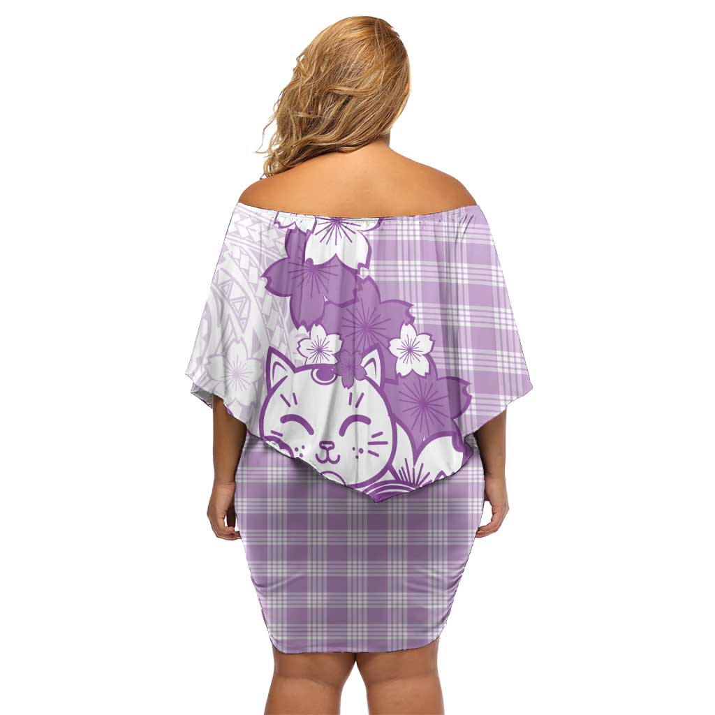 Purple Palaka Hawaiian And Japanese Off Shoulder Short Dress Maneki Neko And Sakura Bloom DT05 - Polynesian Pride