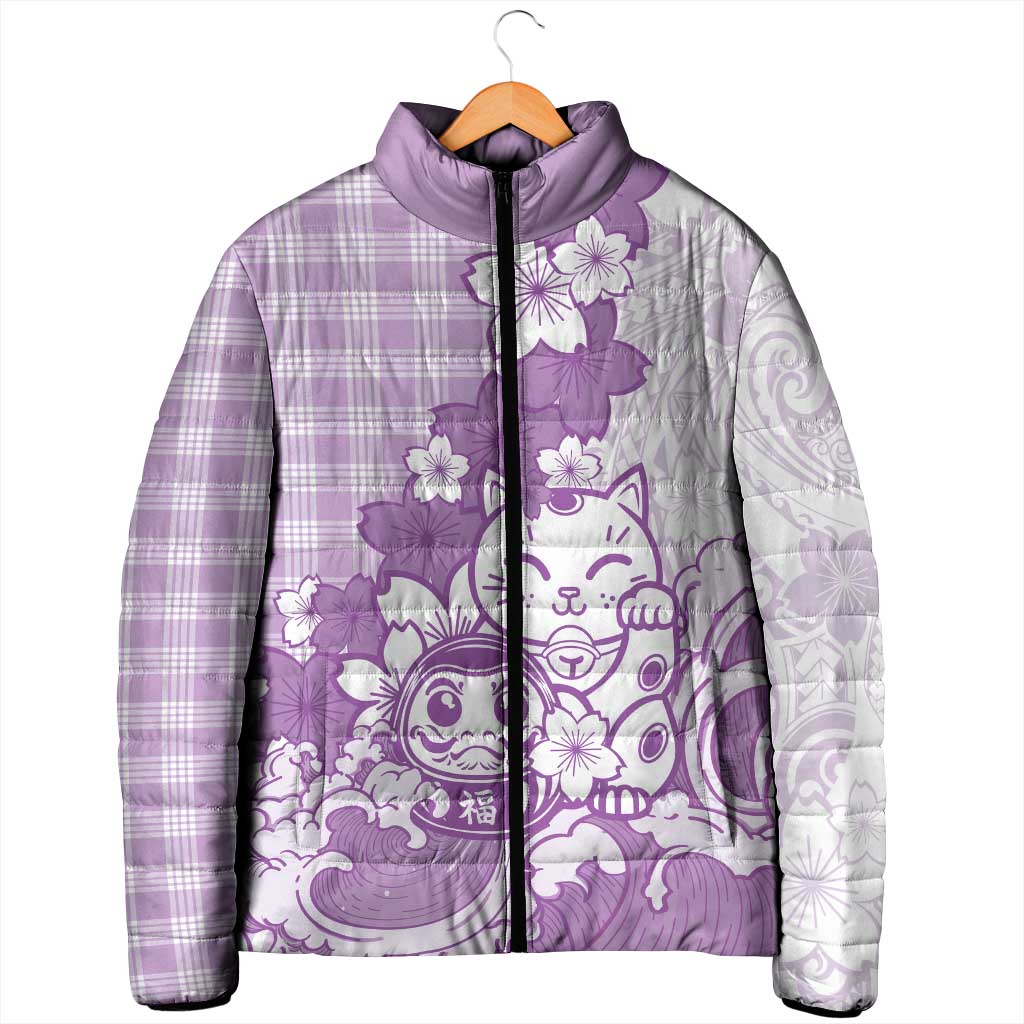 Purple Palaka Hawaiian And Japanese Padded Jacket Maneki Neko And Sakura Bloom