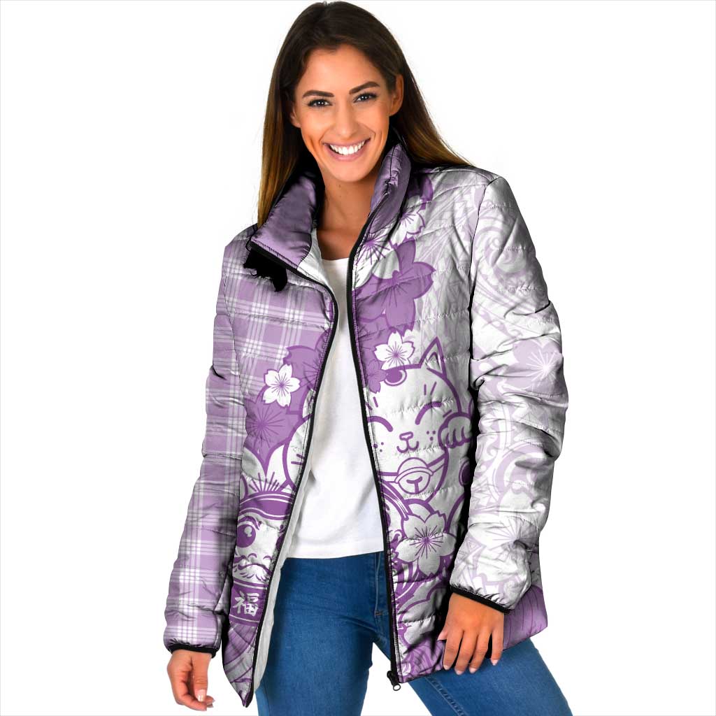 Purple Palaka Hawaiian And Japanese Padded Jacket Maneki Neko And Sakura Bloom