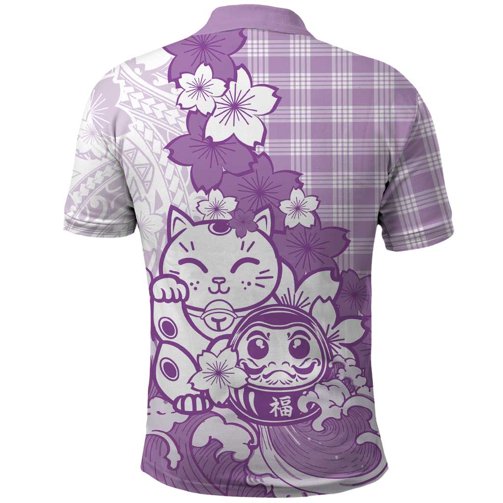 Purple Palaka Hawaiian And Japanese Polo Shirt Maneki Neko And Sakura Bloom DT05 - Polynesian Pride