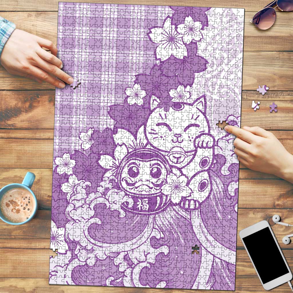 Purple Palaka Hawaiian And Japanese Puzzle Maneki Neko And Sakura Bloom