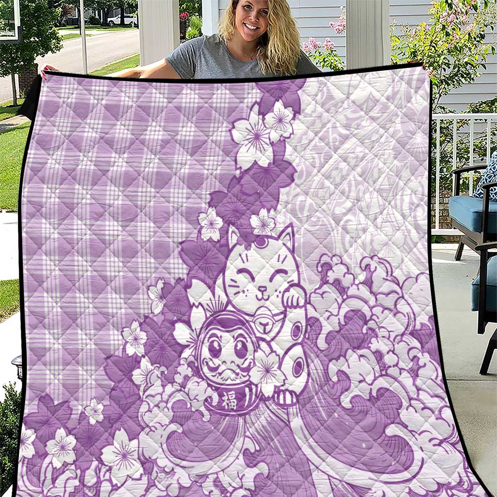 Purple Palaka Hawaiian And Japanese Quilt Maneki Neko And Sakura Bloom