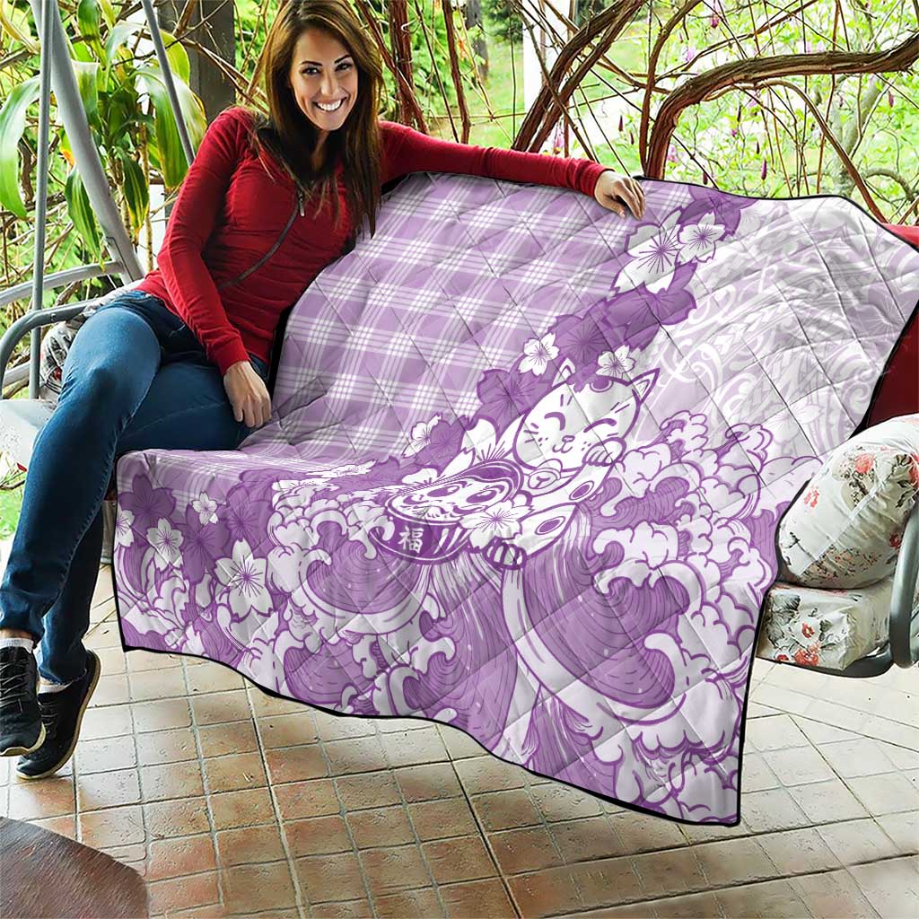 Purple Palaka Hawaiian And Japanese Quilt Maneki Neko And Sakura Bloom