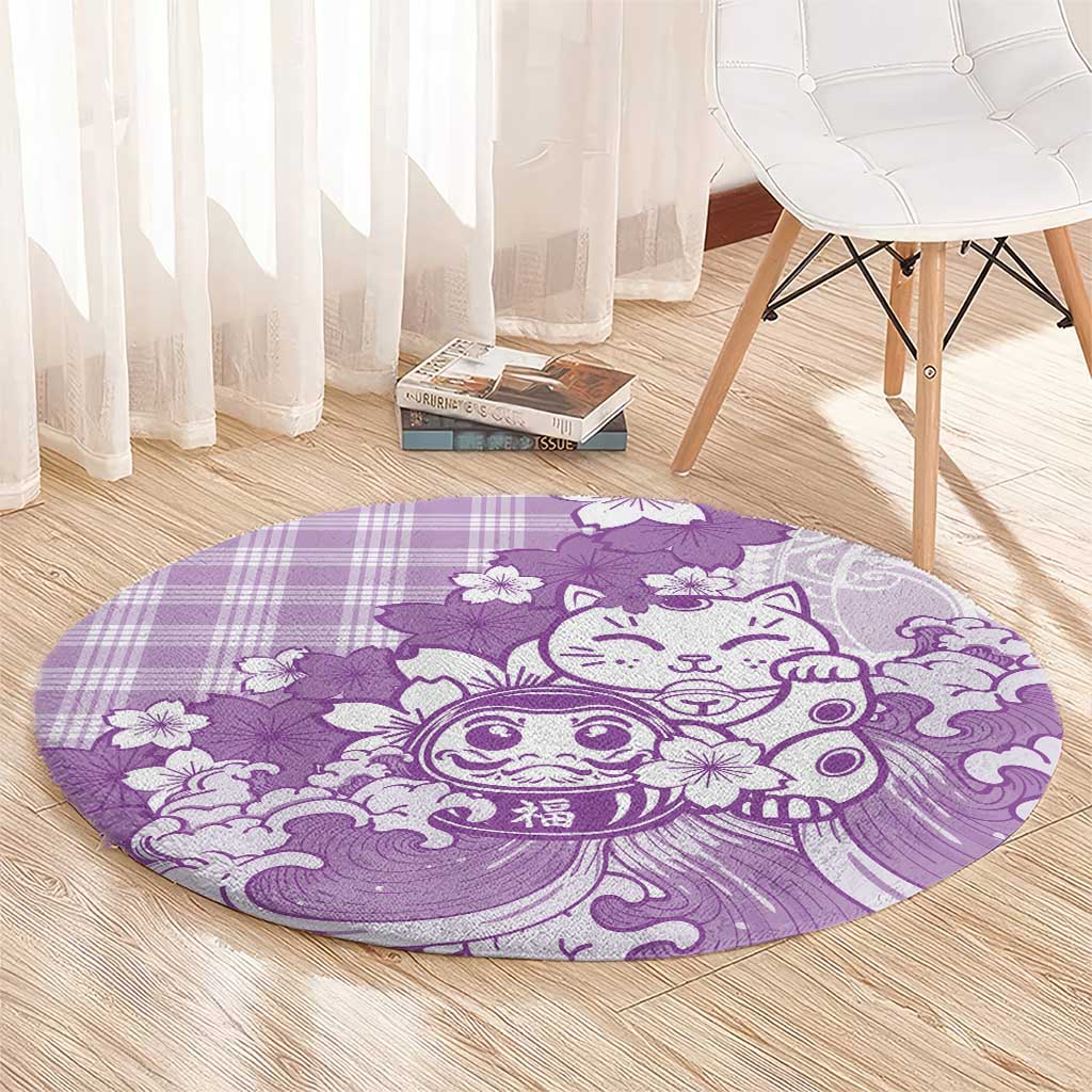 Purple Palaka Hawaiian And Japanese Round Carpet Maneki Neko And Sakura Bloom