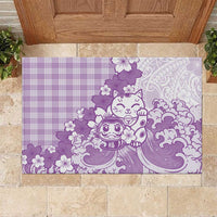 Purple Palaka Hawaiian And Japanese Rubber Doormat Maneki Neko And Sakura Bloom