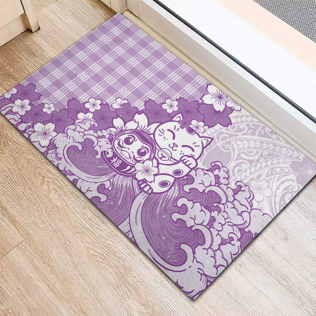 Purple Palaka Hawaiian And Japanese Rubber Doormat Maneki Neko And Sakura Bloom