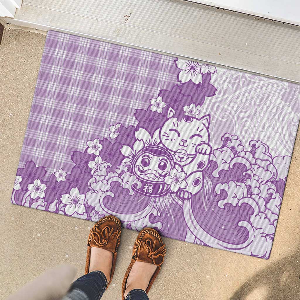 Purple Palaka Hawaiian And Japanese Rubber Doormat Maneki Neko And Sakura Bloom