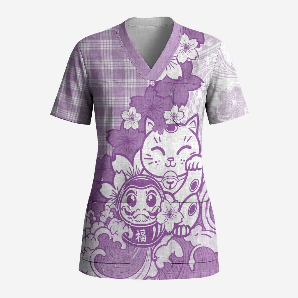 Purple Palaka Hawaiian And Japanese Scrub Top Maneki Neko And Sakura Bloom DT05 Adult Purple - Polynesian Pride
