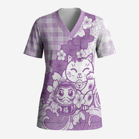 Purple Palaka Hawaiian And Japanese Scrub Top Maneki Neko And Sakura Bloom DT05 Adult Purple - Polynesian Pride