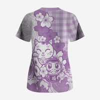 Purple Palaka Hawaiian And Japanese Scrub Top Maneki Neko And Sakura Bloom DT05 - Polynesian Pride