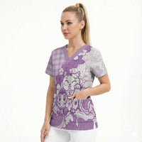 Purple Palaka Hawaiian And Japanese Scrub Top Maneki Neko And Sakura Bloom DT05 - Polynesian Pride