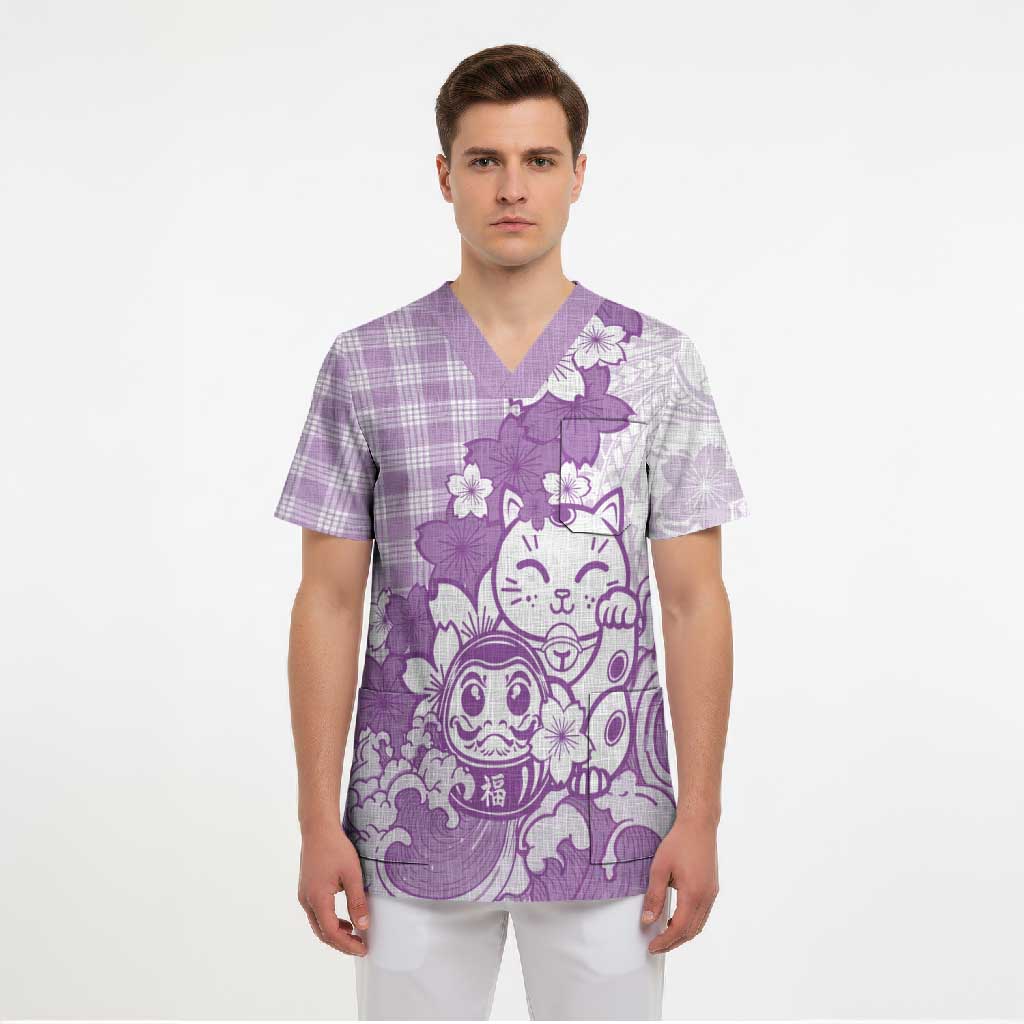 Purple Palaka Hawaiian And Japanese Scrub Top Maneki Neko And Sakura Bloom DT05 - Polynesian Pride