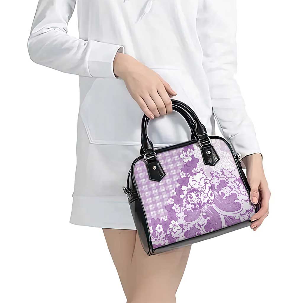 Purple Palaka Hawaiian And Japanese Shoulder Handbag Maneki Neko And Sakura Bloom