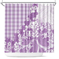 Purple Palaka Hawaiian And Japanese Shower Curtain Maneki Neko And Sakura Bloom